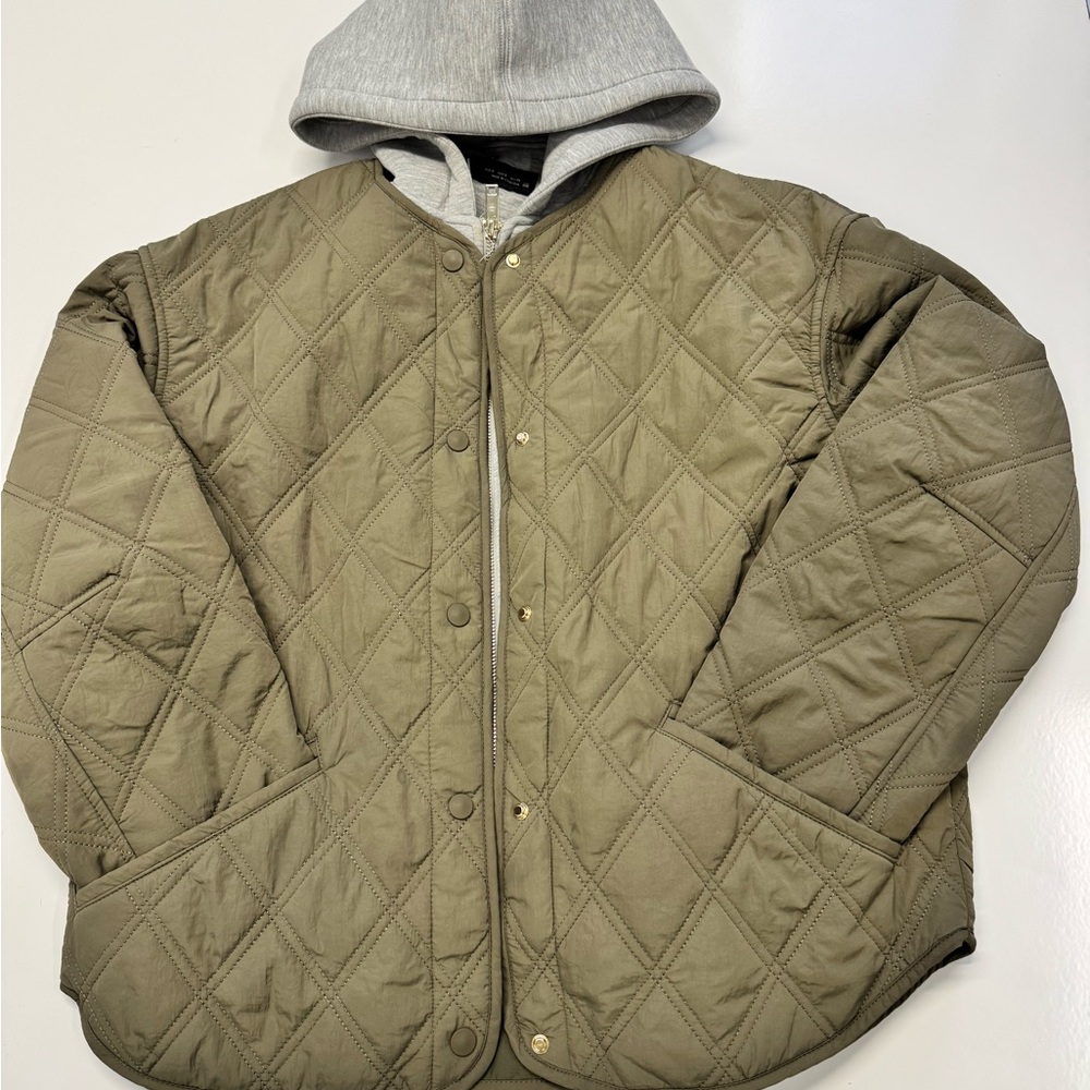 Zara Olive Quilted Jacket with Heather Gray Hood